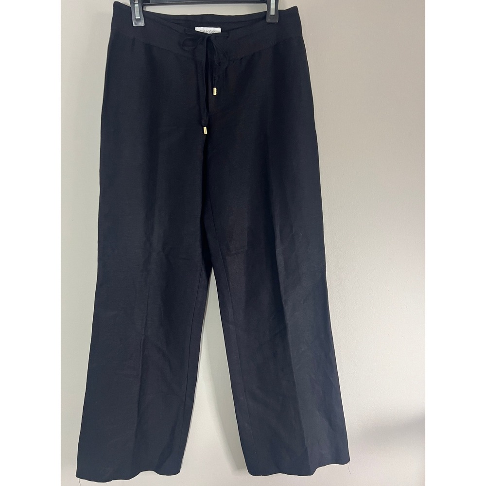 Calvin Klein Black Linen Blend Wide Leg Drawstring Pants M3WK5228 Size 4